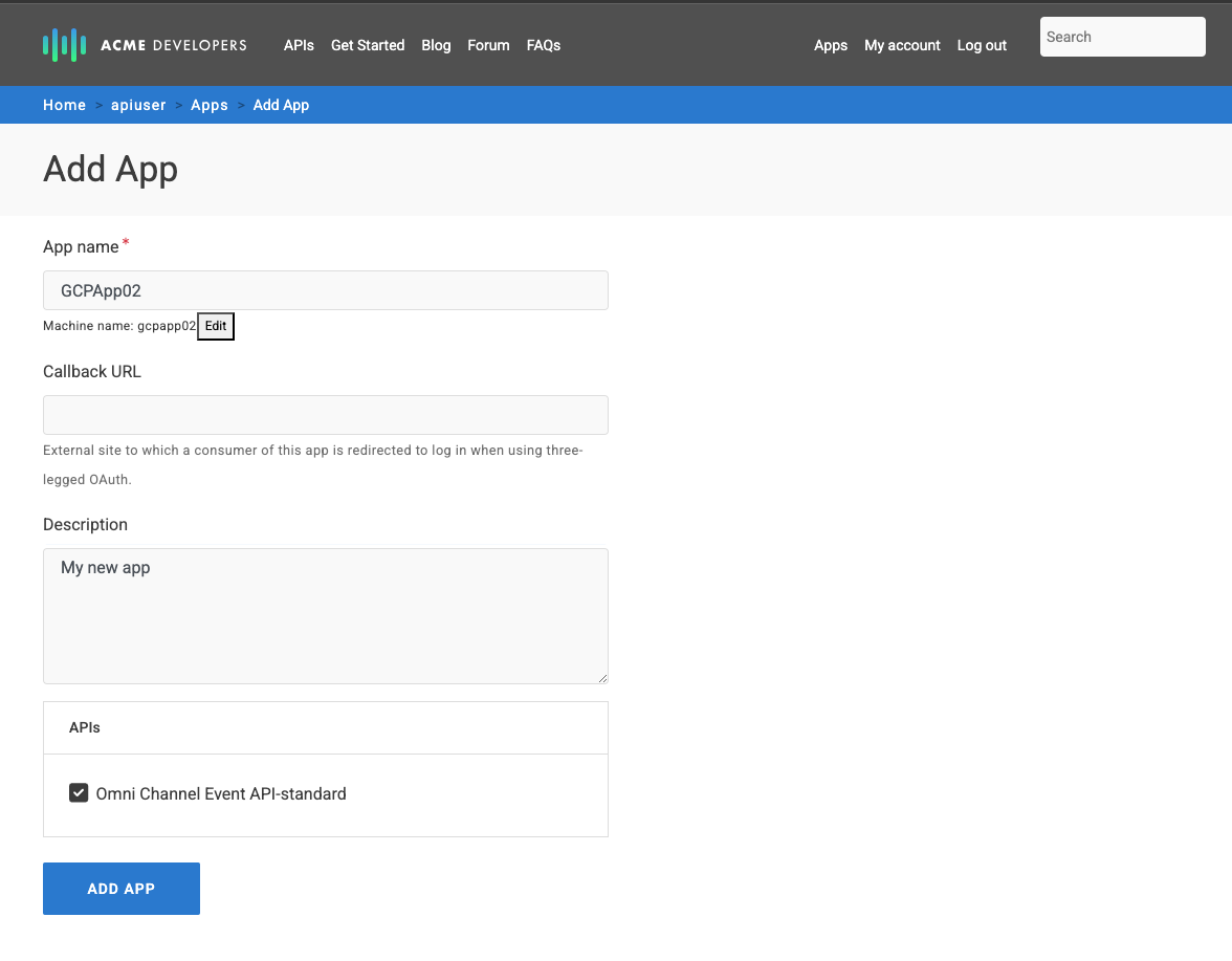 Create an app with access to the Event API Product