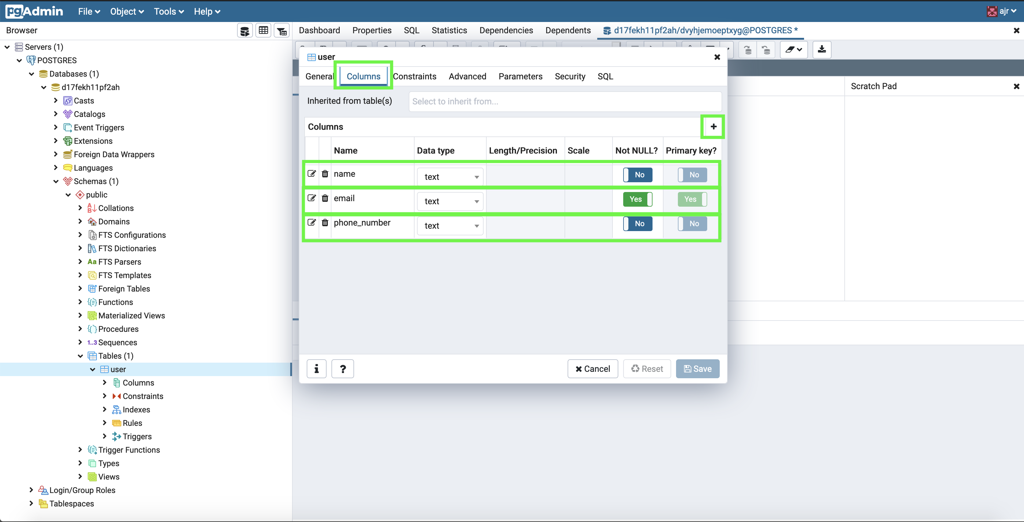 pgadmin4 create table