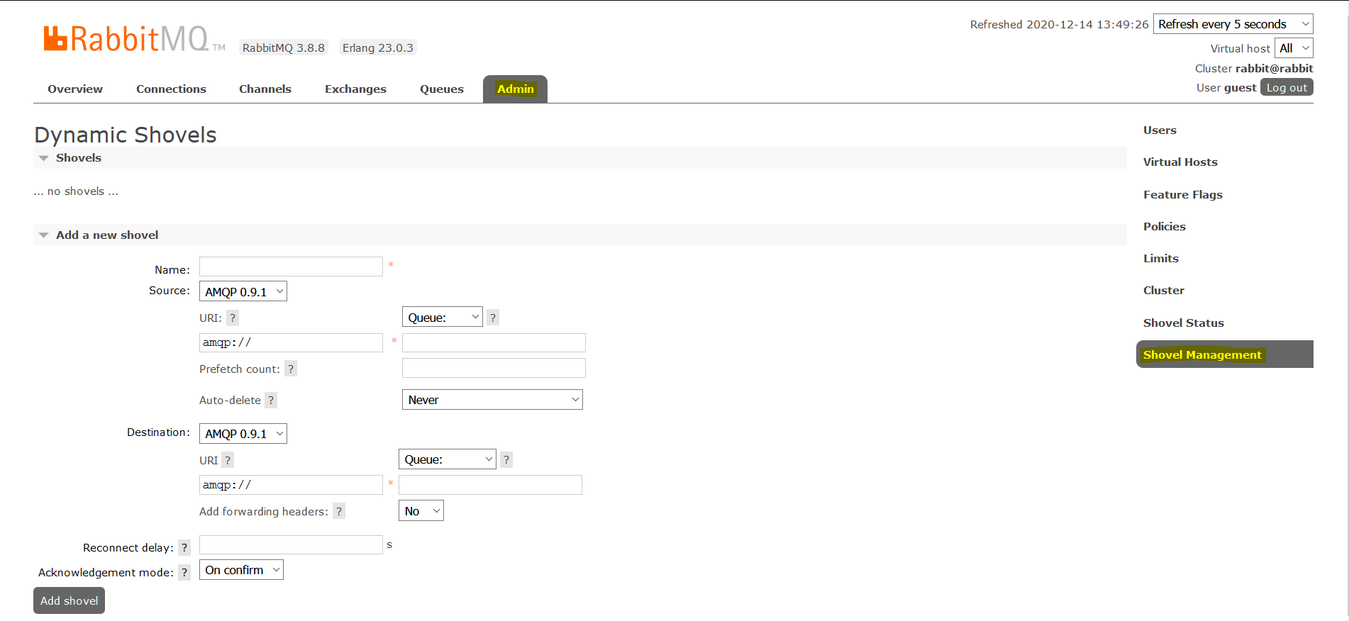 RabbitMQ Management Admin Tab Rabbit Shovel Page