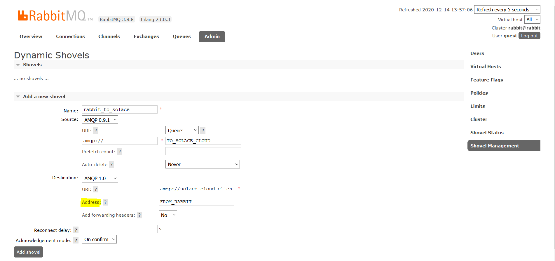 RabbitMQ Management Admin Tab Shovel Solace Connection