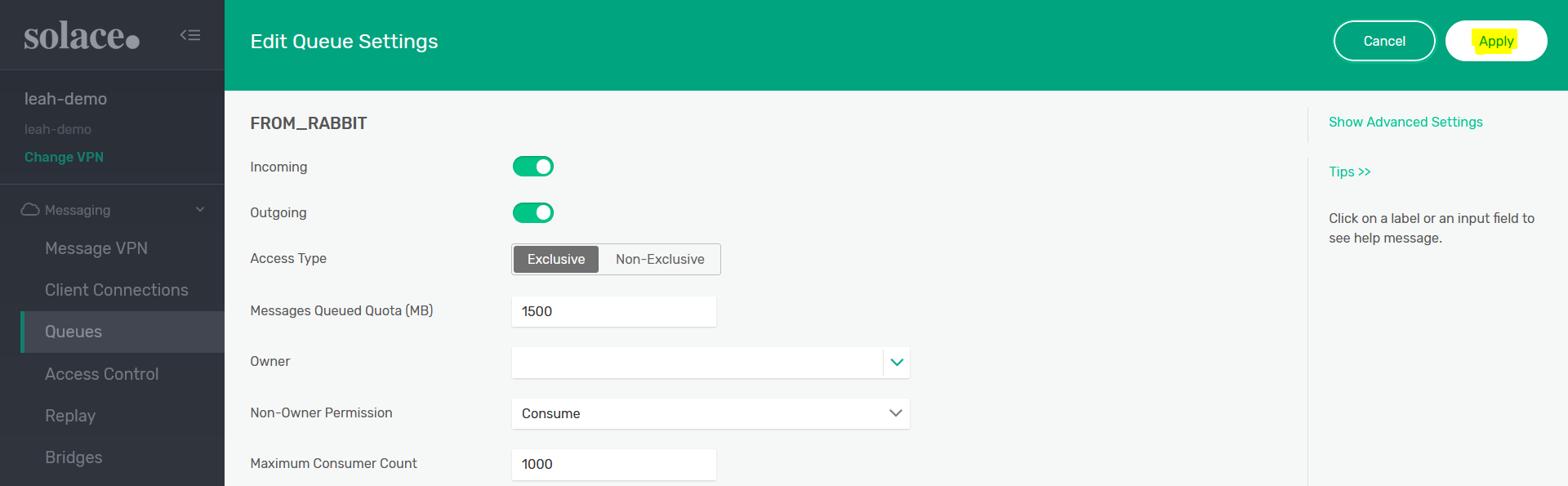 PubSub+ Manager Queues Tab Solace Apply Queue